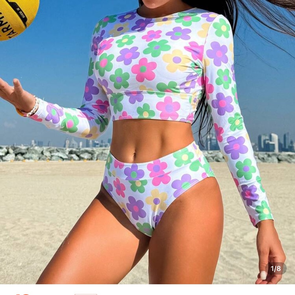 SHEIN Floral Long Sleeve Bikini Set - White, Purple, Green, Pink brand new - Picture 3 of 12